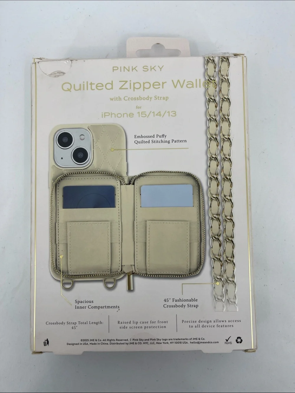 Quilted Zipper Wallet Case for iPhone (Cream) CROSSBODY Fits IPhone 13/14/15